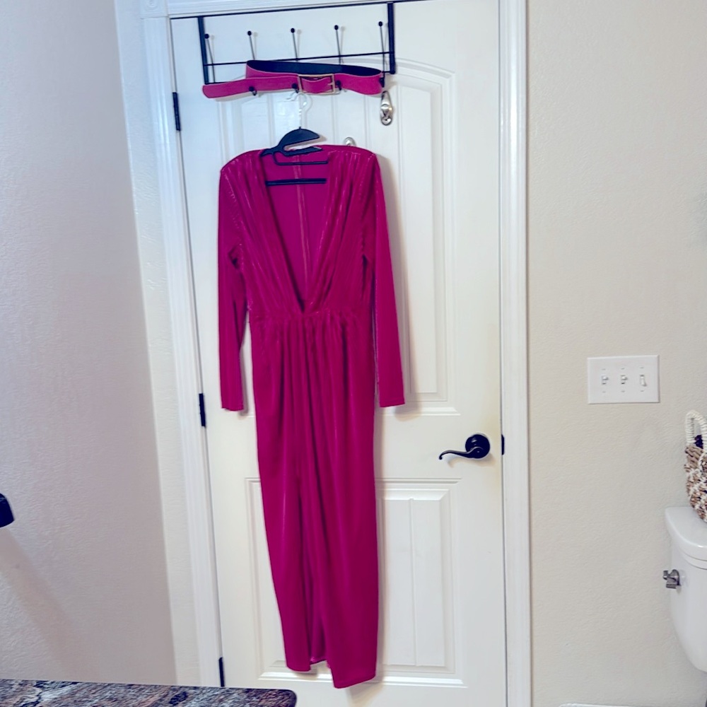 Hot pink velvet dress with hot pink belt. Gold buckle.